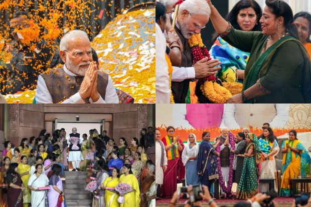 After the successful passage of the 'Nari Shakti Vandan Adhiniyam' (Women's Reservation Bill) in the Rajya Sabha, the BJP Mahila Morcha in the national capital gave a warm welcome to Prime Minister Narendra Modi with a jubilant atmosphere at the BJP Headquarters today. Visuals from the spot showed women dancing and celebrating the passing of the historic Women's Reservation Bill.