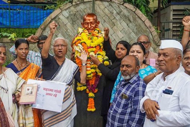 Social activist Medha Patkar during a demonstration after paying tribute to Mahatma Gandhi in Thane on Monday. (PTI)