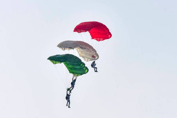 Prayagraj: Air Force warriors show their skills during the 91st Air Force Day celebrations, at Bamrauli headquarters of Central Air Command, in Prayagraj (PTI Photo)