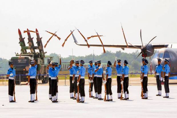 Air Force personnel during the 91st Air Force Day celebrations, at Bamrauli headquarters of Central Air Command, in Prayagraj. (PTI Photo)
