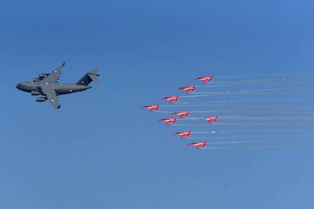 Indian Air Forces (IAF) 'Surya Kiran' aerobatic team performs during the 91st Air Force Day celebrations, in Prayagraj. (PTI Photo)
