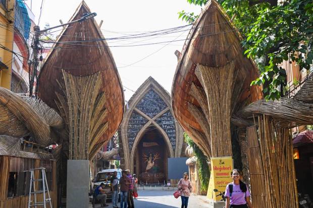 A boat-shaped community puja pandal in Kolkata. (PTI Photo)