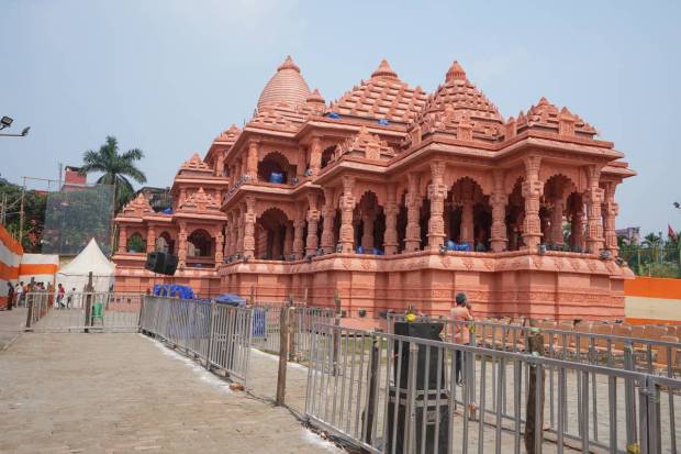 Kolkata: A community Durga Puja pandal designed on the theme of Ram Mandir. (PTI)