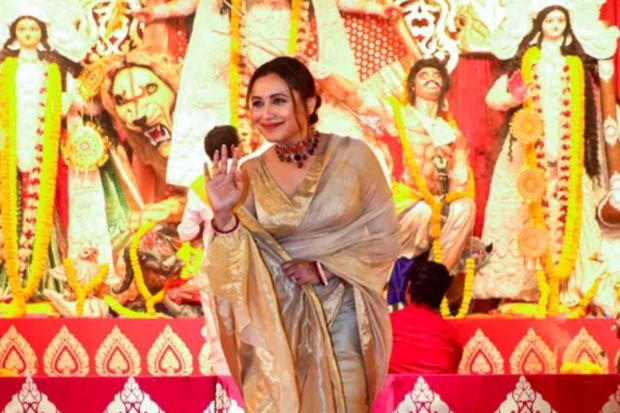 Actor Rani Mukerji poses for photos at a pandal of North Bombay Sarbojanin Durga Puja, in Mumbai. (PTI)