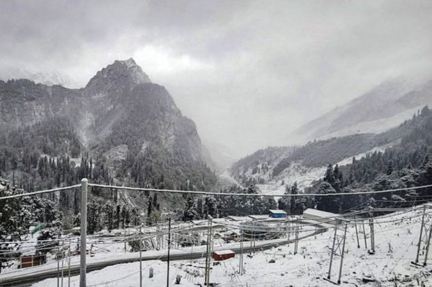 Snow-covered mountains near Atal Tunnel after a fresh spell of snowfall in Manali. (PTI Photo)