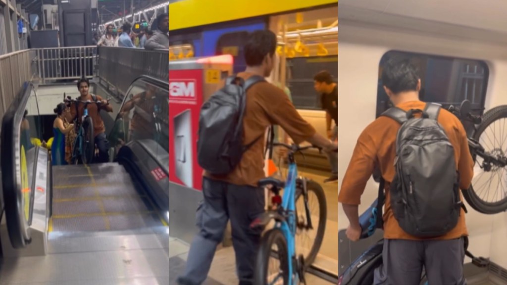 mumbai metro, metro, mumbai, man takes bicycle inside metro, bicycle inside metro