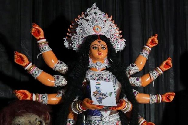 A puja pandal Saraswati Kalimata Mandir Parishad club near Narkeldanga who were in news last year for their controversial theme on poll violence. Express photo by Partha Paul.