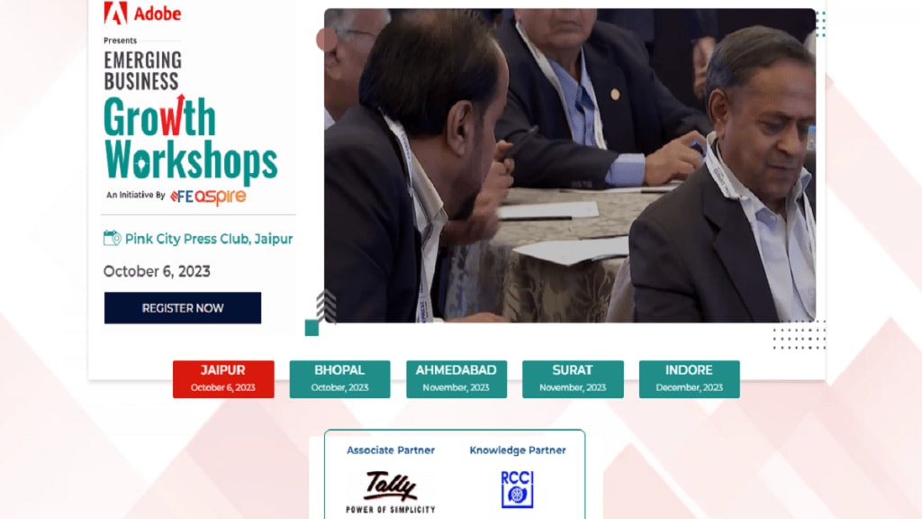 fe emerging business growth workshops, multi city workshop, jaipur workshop, adobe, tally solutions, rajasthan chamber of commerce and industry, rajasthan financial corporation, sidbi, laghu udyog bharati, rajasthan export promotion council, repc, working capital
