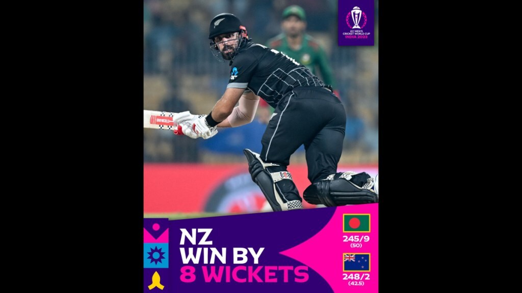 ICC world CUp 2023, world cup 2023, NZ vs BAN, new Zealand beat bangladesh, bangladesh, new zealand, new zealand bangladesh, new zeland wins by eight wickets, ICC world cup, new Zealand wins