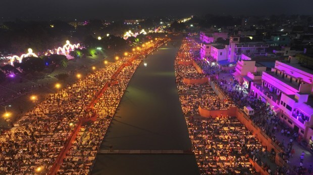 Cultural presentations by artists from 21 states, 11 tableaus, Ramlila performances from Russia, Sri Lanka, Singapore, and Nepal, and the talents of 2,500 artists from India and abroad illuminated Ayodhya. (AP Photo)