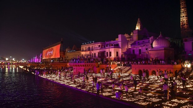 Ayodhya echoed with 'Jai Shri Ram' after the representatives of the Guinness Book of World Records who counted the lamps using drones and gave the status of world record to the city. (PTI Photo)