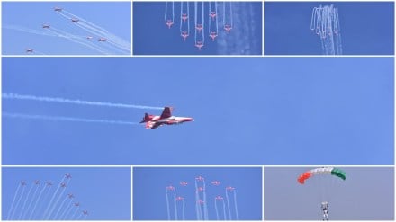 Air Force Station Ambala, Suryakiran Aerobatics Team, the Aakashganga para-diving team, Rafale, Jaguar aircraft,