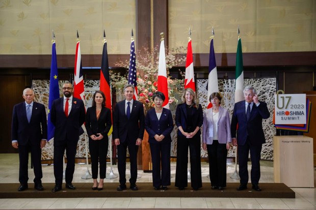 From left, High Representative of the European Union for Foreign Affairs and Security Policy Josep Borrell, British Foreign Secretary James Cleverly, German Foreign Minister Annalena Baerbock, U.S. Secretary of State Antony Blinken, Japanese Foreign Minister Yoko Kamikawa, Canadian Minister of Foreign Affairs Melanie Joly, French Foreign Minister Catherine Colonna and Italian Foreign Minister Antonio Tajani pose for a family photo during the G7 Foreign Ministers' Meetings in Tokyo.(AP Photo)