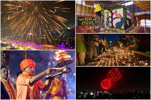 More than 22 lakh 'diyas' illuminated the banks of the Saryu river in Ayodhya during the seventh edition of the Deepotsav, setting a new world record of lighting a large number of lamps simultaneously at one place. The 22,23 lakh 'diyas' (earthen lanterns), 6.47 lakh more than last year, were lit by 25,000 volunteers at the 51 ghats of Ram Ki Paidi along the river. (Agencies Photos)