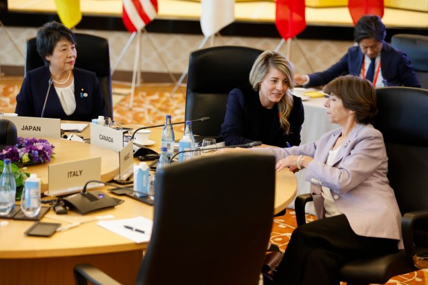 From left, Japanese Foreign Minister Yoko Kamikawa, Canadian Minister of Foreign Affairs Melanie Joly and French Foreign Minister Catherine Colonna attend a session of the Group of 7 Foreign Ministers meetings in Tokyo.(AP Photo)
