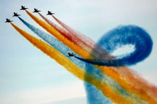 Frecce Tricolori (Tricolor Arrows), the Italian Air Force aerobatic display team, perform during the opening day of the Dubai Air Show, United Arab Emirates, Monday.(AP)