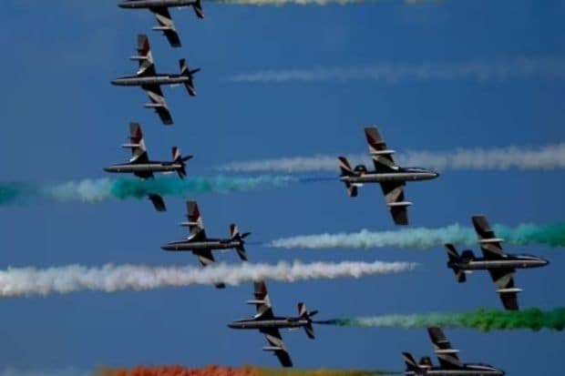 Frecce Tricolori (Tricolor Arrows), the Italian Air Force aerobatic display team, perform during the opening day of the Dubai Air Show, United Arab Emirates, Monday.(AP)