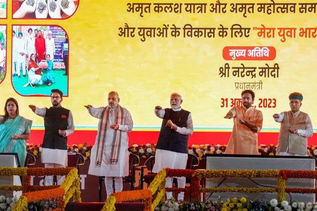 Prime Minister Narendra Modi with Union Ministers Amit Shah, Arjun Ram Meghwal, Meenakashi Lekhi, Anurag Thakur, G. Kishan Reddy and Nisith Pramanik takes an oath during an event marking the culmination of the 'Meri Maati Mera Desh' campaign, in New Delhi. (PTI Photo)