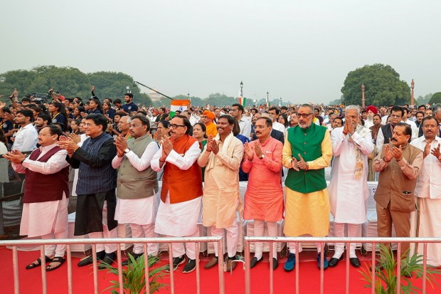 Union Minister Piyush Goyal with BJP National President JP Nadda and others during an event marking the culmination of the 'Meri Maati Mera Desh' campaign, in New Delhi. (PTI Photo)