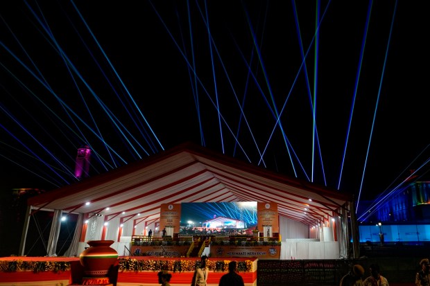 Laser show after an event marking the culmination of the 'Meri Maati Mera Desh' campaign, in New Delhi. (PTI Photo)