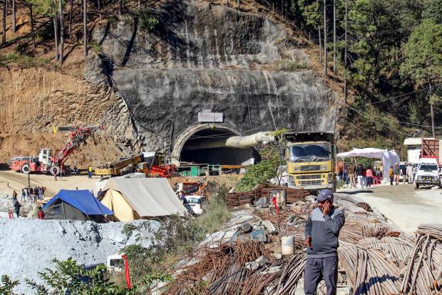 The under-construction tunnel between Silkyara and Dandalgaon on the Brahmakhal-Yamunotri national highway in Uttarkashi district. (PTI Photo)