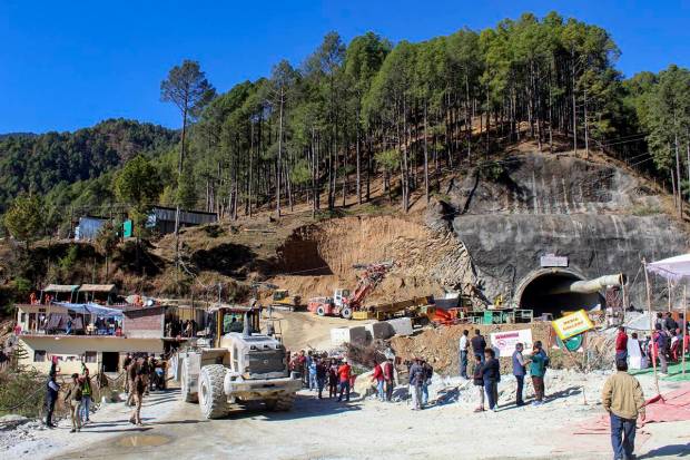 The under-construction tunnel between Silkyara and Dandalgaon on the Brahmakhal-Yamunotri national highway in Uttarkashi district. (PTI Photo)