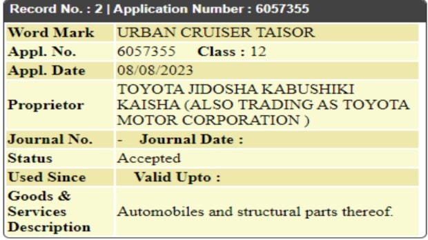Toyota Taisor trademark