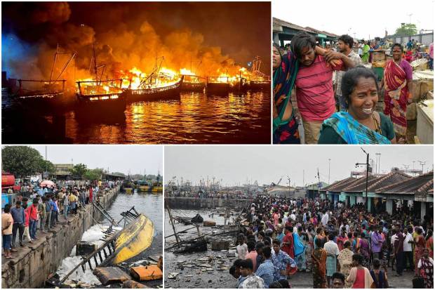 In Visakhapatnam, a fire broke out in a jetty area in which more than 30 fishing boats were gutted. Cops launched a hunt for 10 to 15 persons who allegedly partied in one of the boats, officials informed on Monday.Luckily, no death or injury was reported in the accident.