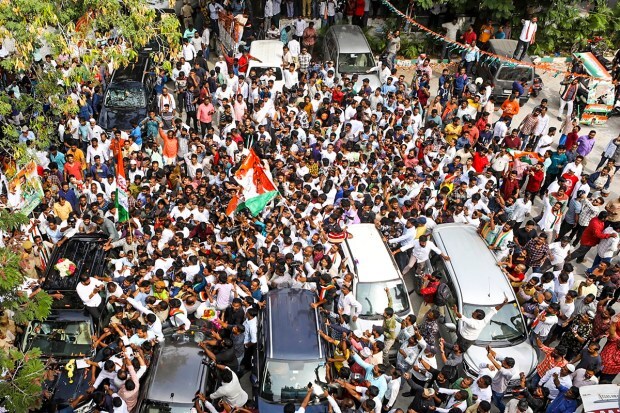 Hyderabad: Congress Telangana President A Revanth Reddy greets party workers and supporters celebrating the party's lead during counting of votes for Telangana Assembly elections, in Hyderabad. (PTI Photo)