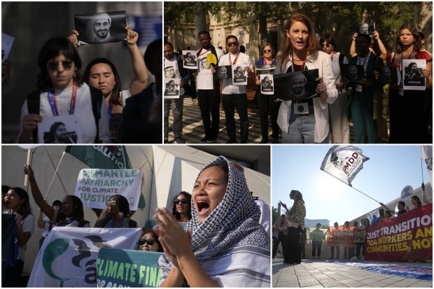 Protesters at the U.N. climate summit in Abu Dhabi held signs with the images of Ahmed Mansoor and Alaa Abdel-Fattah, two human rights activists imprisoned in the UAE and Egypt respectively. The protesters were from Amnesty International and Human Rights Watch, and they faced censorship and security threats from the U.N. and the host country. (AP Photo)