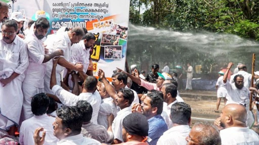 Thiruvananthapuram: Police use water cannons to disperse Indian Youth Congress (IYC) workers during a protest march, in Thiruvananthapuram
(Photo: PTI)