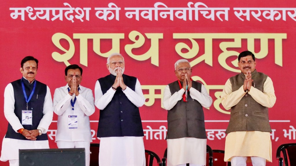 Prime Minister Narendra Modi with Madhya Pradesh Governor Mangubhai Patel, the newly sworn-in Chief Minister Mohan Yadav and others during the oath ceremony, in Bhopal, Wednesday, Dec. 13, 2023. (PTI Photo)