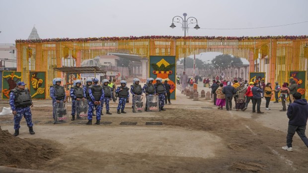 Security personnel were seen on guard in anticipation of the arrival of Prime Minister Narendra Modi in Ayodhya on Saturday. (Image: PTI)