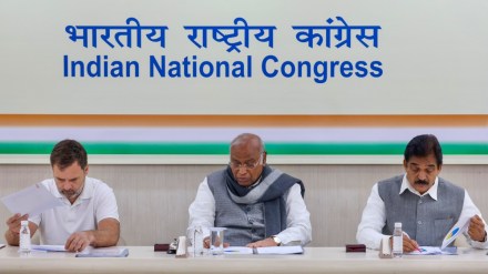 Congress president Mallikarjun Kharge with party leaders Rahul Gandhi and KC Venugopal addresses a review meeting on the recent Legislative Assembly election results of different states. (PTI)