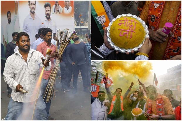 The BJP won a landslide victory in Madhya Pradesh Assembly elections, securing 161 out of 230 seats, while the Congress got only 66 seats. However, the Congress seems headed for the simple majority mark in Telangana to form its first government in the southern state as the national party was leading in 65 Assembly segments on Sunday as counting of votes was underway. (PTI Photo)