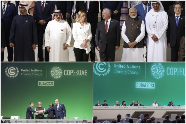 Prime Minister Narendra Modi participated in multiple high-level events on the second day of the UN climate conference (COP28) and announced several initiatives and proposals to combat climate change. He launched the Green Credit Initiative, a market-based mechanism to reward voluntary environmental actions by individuals, communities and the private sector. The initiative aims to create carbon sinks through people's participation by utilising degraded wastelands for planting. (PTI photo)