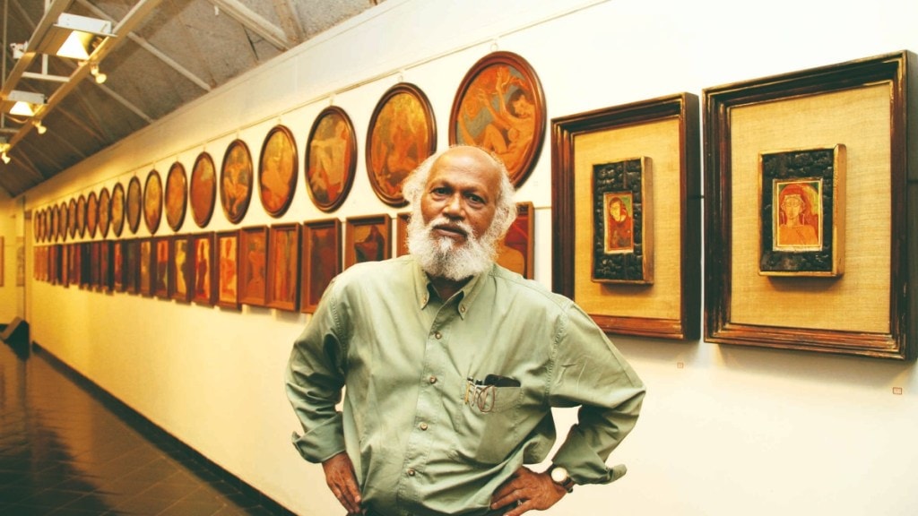 Artist Jatin Das at the retrospective of his works at NGMA, Delhi. (FE)