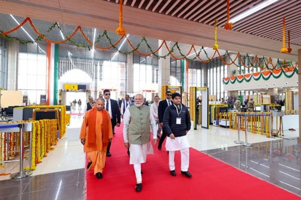 The interiors of the airport are adorned with local artifacts, paintings, and murals depicting the life of Bhagwan Shri Ram. (Image: PTI)
