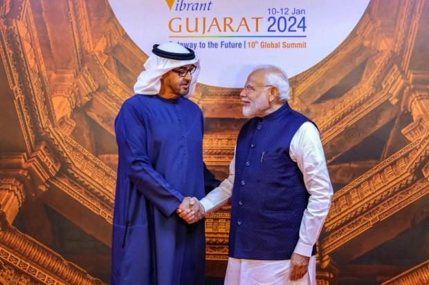 Prime Minister Narendra Modi welcomes UAE President Mohamed bin Zayed Al Nahyan at the Vibrant Gujarat Global Summit 2024. (Image/PTI)