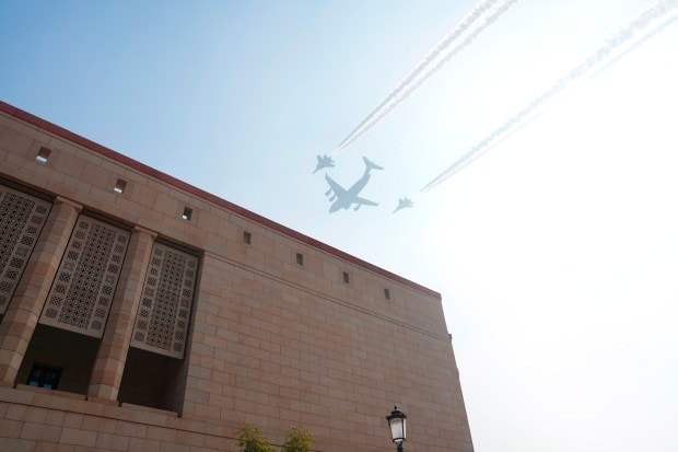 Three Su-30MKI fighter plane fly-past the Parliament House in 'Trident' formation during the full dress rehearsal of Republic Day Parade in New Delhi. (PTI)