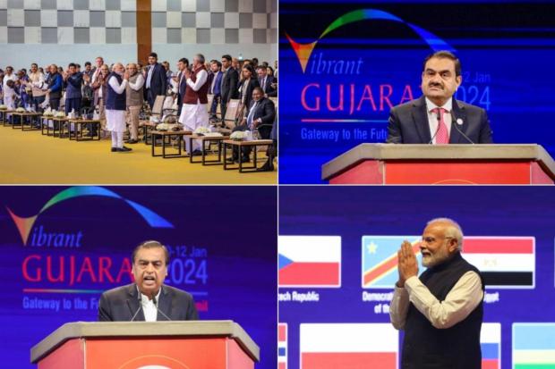 Prime Minister Narendra Modi inaugurated the 10th edition of the Vibrant Gujarat Global Summit in Gandhinagar, joining various global leaders in the event's opening ceremony. The three-day summit has attracted participation from 34 partner countries and welcomed delegates from over 130 nations, celebrating '20 years of Vibrant Gujarat as the Summit of Success'. This year's event, themed 'Gateway to the Future', is scheduled from January 10 to 12. (Images: Reuters and PTI)