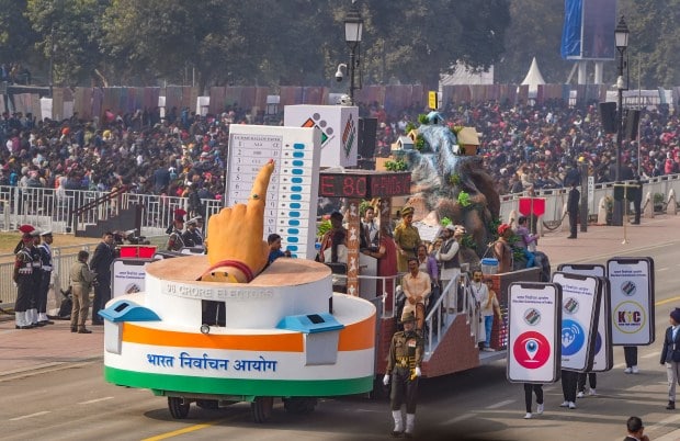 Election Commission of India tableau on display during the full dress rehearsal for the Republic Day Parade 2024 at the Kartavya Path. (PTI)