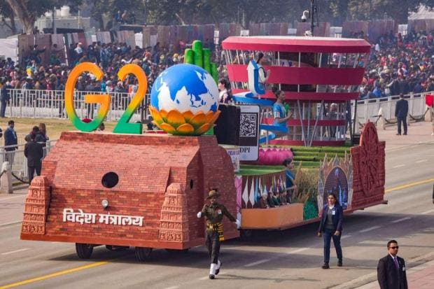 Ministry of External Affairs tableau on display during the full dress rehearsal for the Republic Day Parade 2024. (PTI)