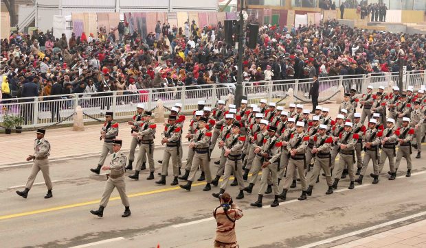 French contingent marches past during full dress rehearsal for the Republic Day Parade 2024 at the Kartavya Path. (Ministry of Defence)