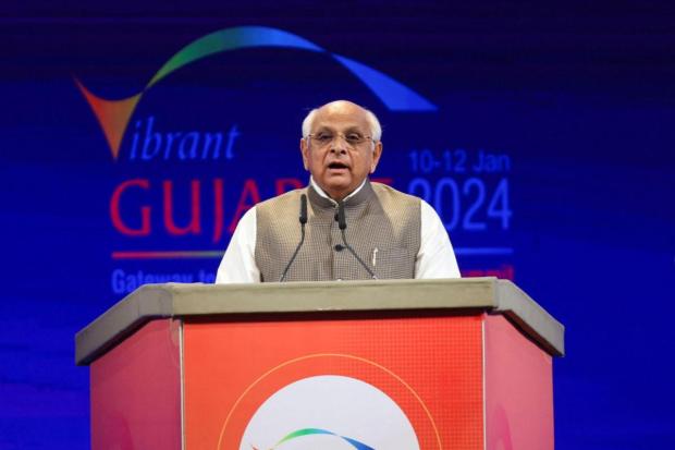 Gujarat's Chief Minister Bhupendra Patel speaks during the Vibrant Gujarat Global Summit, at the Mahatma Mandir in Gandhinagar. (Image/Reuters)