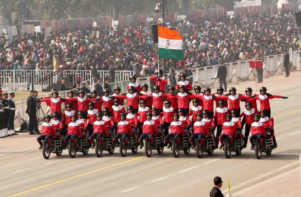CRPF women Dare Devils perform during full dress rehearsal for the Republic Day Parade 2024. (PTI)
