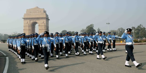 IAF contingent marches past during the full dress rehearsal for the Republic Day Parade 2024 at the Kartavya Path, in New Delhi. (PTI)