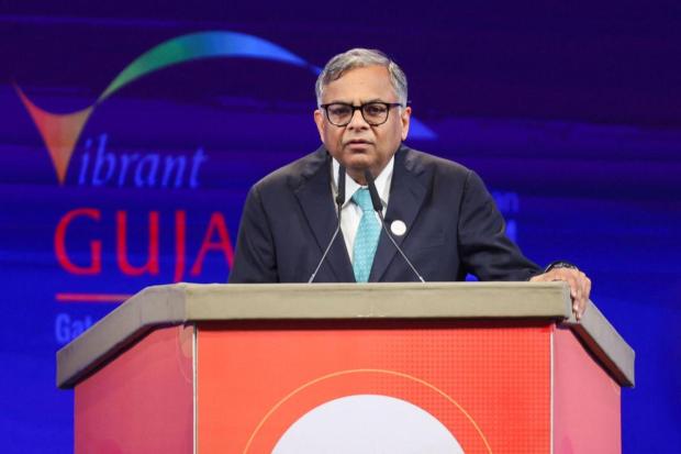 Chairman of Tata Sons Natarajan Chandrasekaran speaks during the Vibrant Gujarat Global Summit. (Image/Reuters)