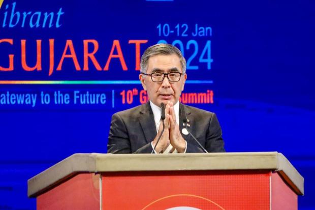 Suzuki Motor Corp President Toshihiro Suzuki speaks during the Vibrant Gujarat Global Summit 2024. (Image/PTI)