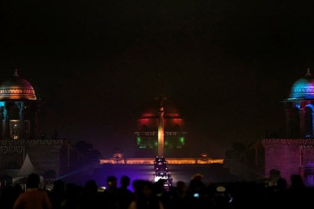 An illuminated view of the 'Rashtrapati Bhavan' during the Beating Retreat ceremony. (Image: PTI)